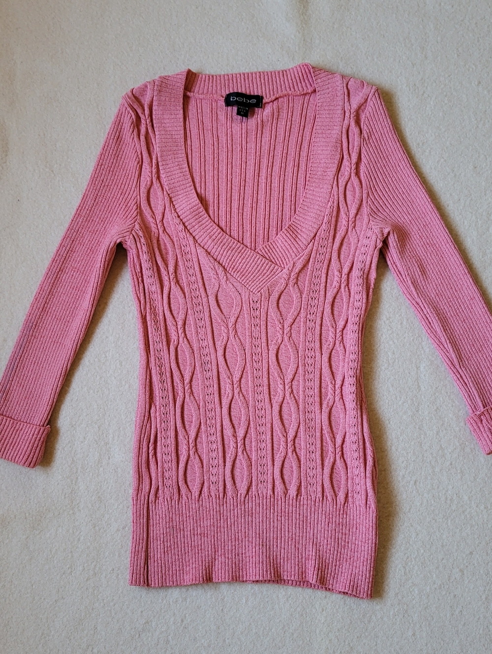 Y2K BeBe, Pink Sweater, V-neck, Women's Size Medium, Cable Knit,  Strech